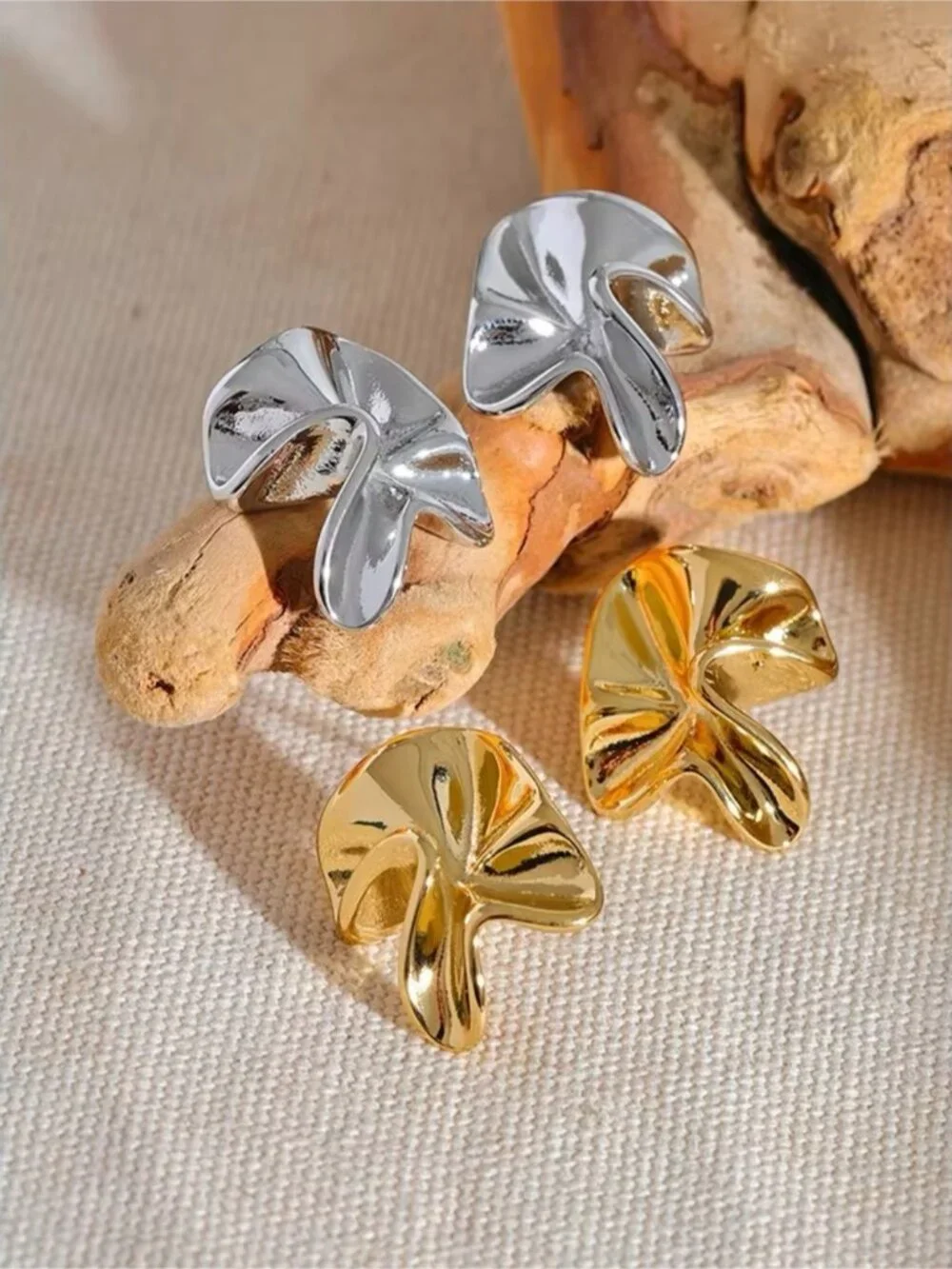 Elegant Gold tone Floral Fold Earrings - Women Jewelry